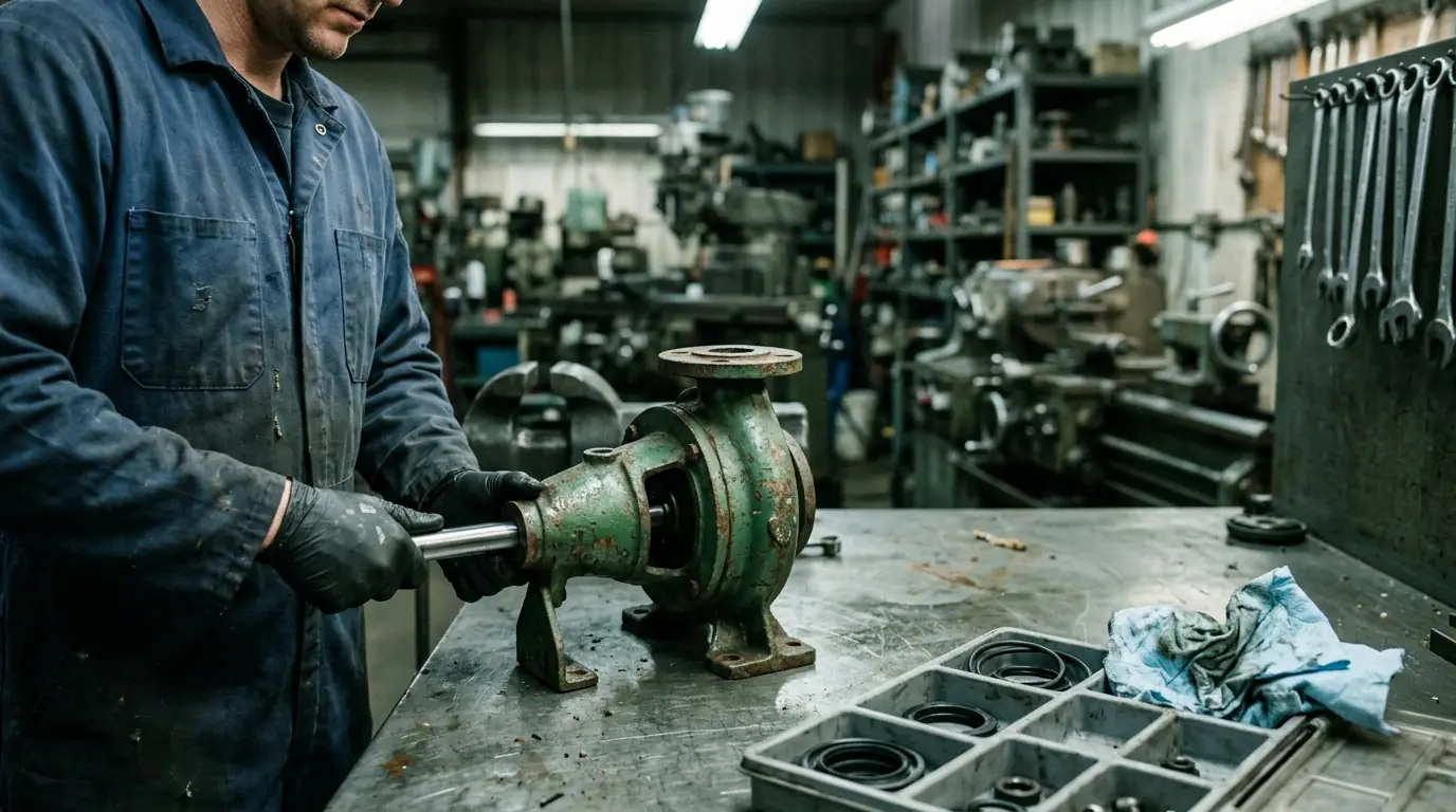 Técnico desarmando una bomba en el taller